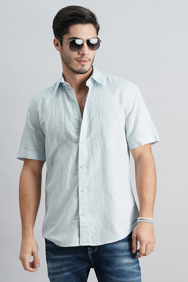 LAVENDER SKY HALF SLEEVE LINEN SOLID SHIRT (ZACK H/SLV FIT)