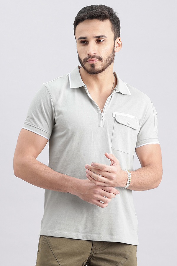 LT GREY HALF SLEEVE PIOUE POLO TEE (POLO NECK H/SLV SLIM)