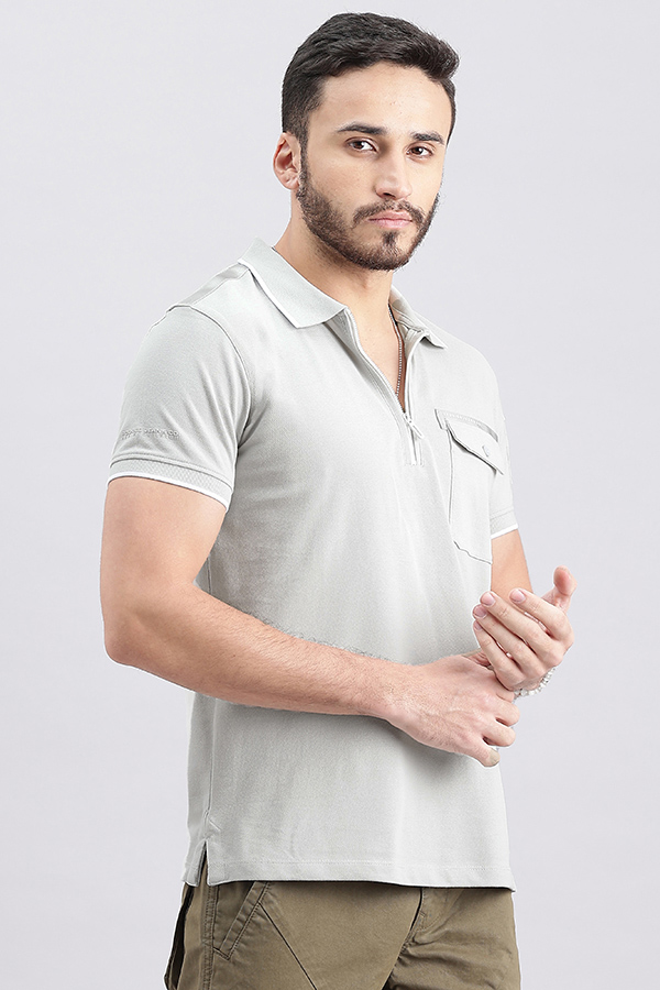 LT GREY HALF SLEEVE PIOUE POLO TEE (POLO NECK H/SLV SLIM)