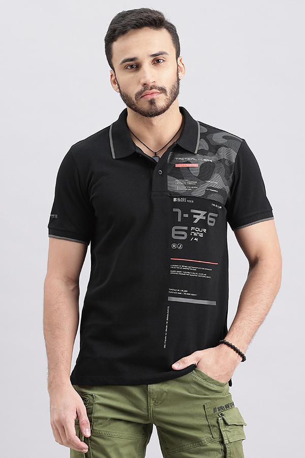 BLACK HALF SLEEVE PIOUE POLO TEE (POLO NECK H/SLV SLIM)