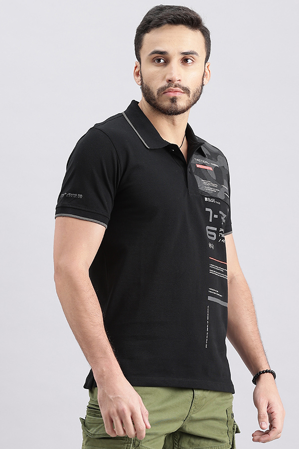 BLACK HALF SLEEVE PIOUE POLO TEE (POLO NECK H/SLV SLIM)