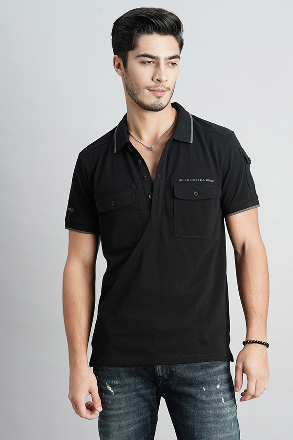 BLACK HALF SLEEVE PIOUE POLO TEE (POLO NECK H/SLV SLIM)