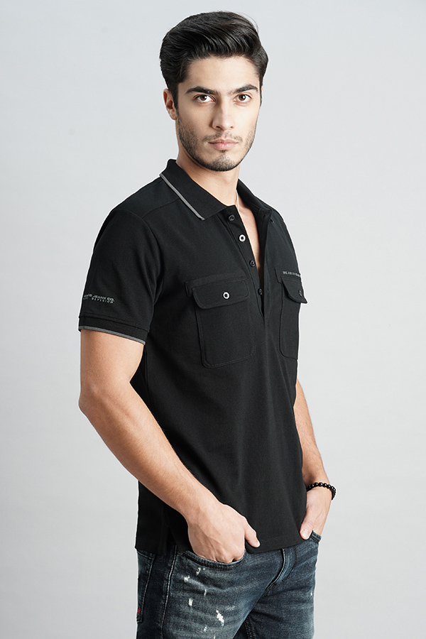 BLACK HALF SLEEVE PIOUE POLO TEE (POLO NECK H/SLV SLIM)