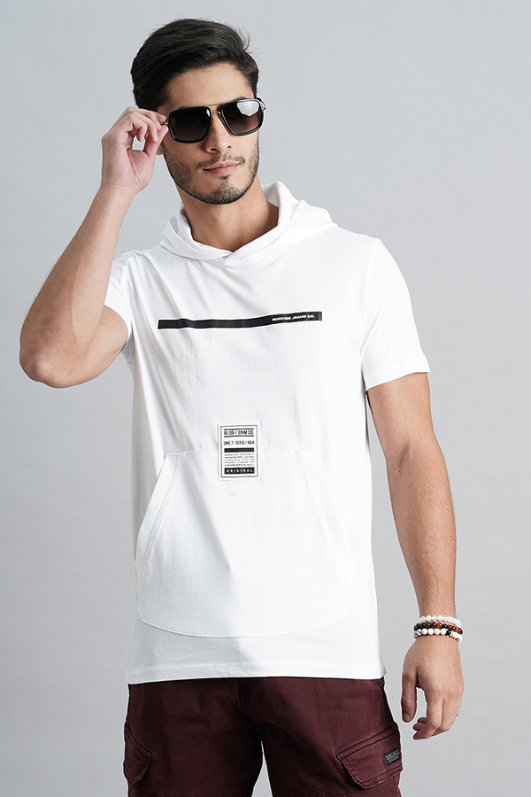 WHITE HALF SLEEVE HOODIE NECK TEE (HOODIE NECK H/SLV SLIM)