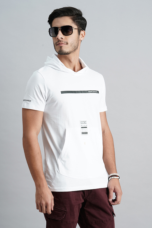 WHITE HALF SLEEVE HOODIE NECK TEE (HOODIE NECK H/SLV SLIM)